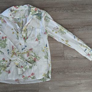 Gap 3/4 Button Down White Floral Top Size Small